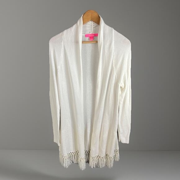 Lily Pulitzer Tatum Long Cardigan Women’s M Boho Fringe Hem Open Front Artsy - Picture 1 of 12